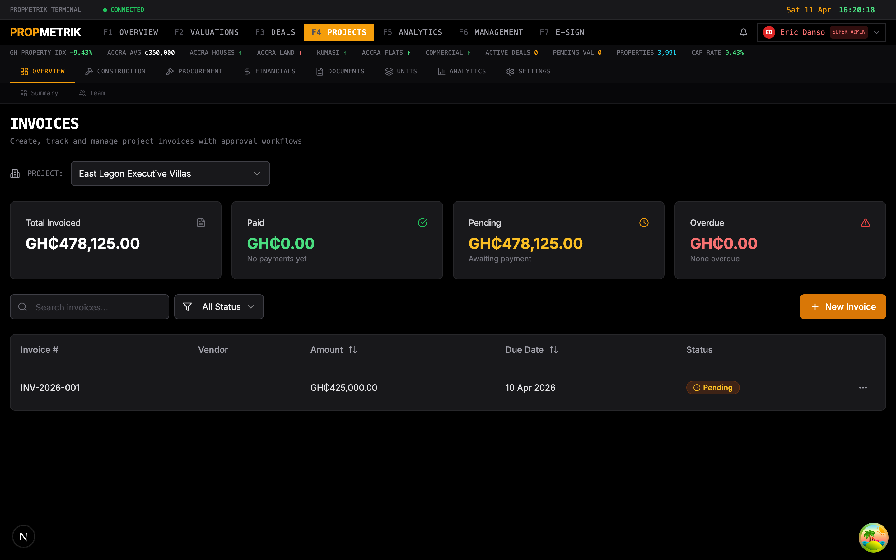 Invoice list showing vendor invoices with status and amounts