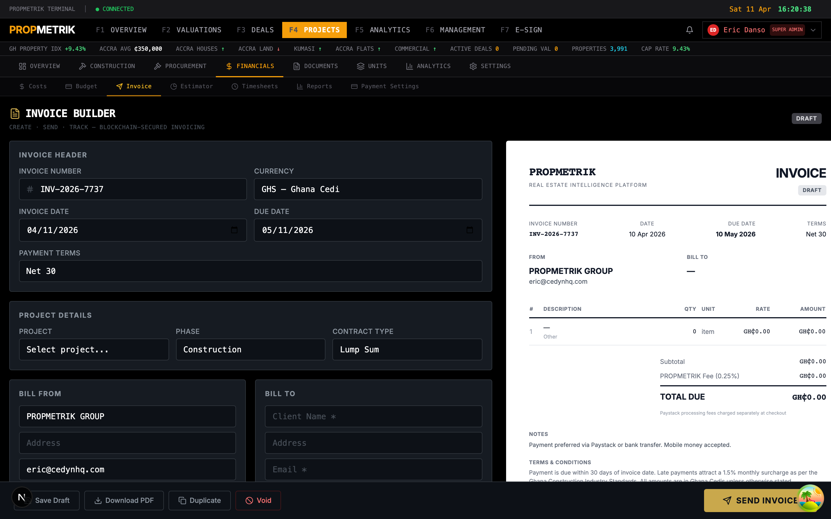 Invoice builder form with line items and totals