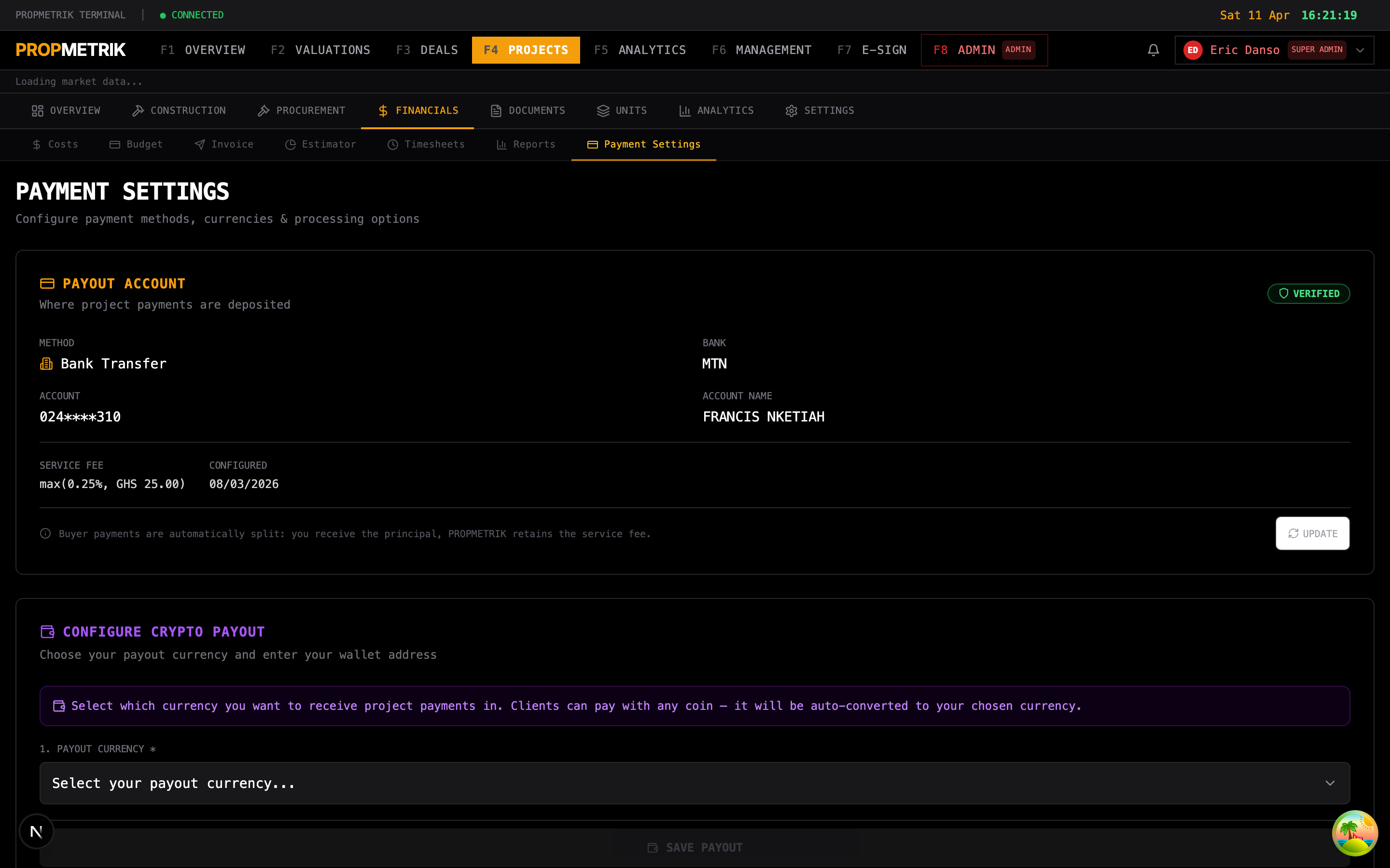 Payment settings configuration panel