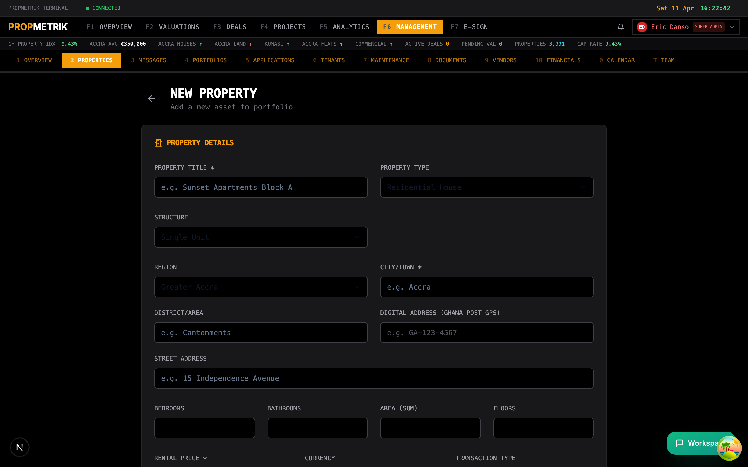 Add property form with fields for property details