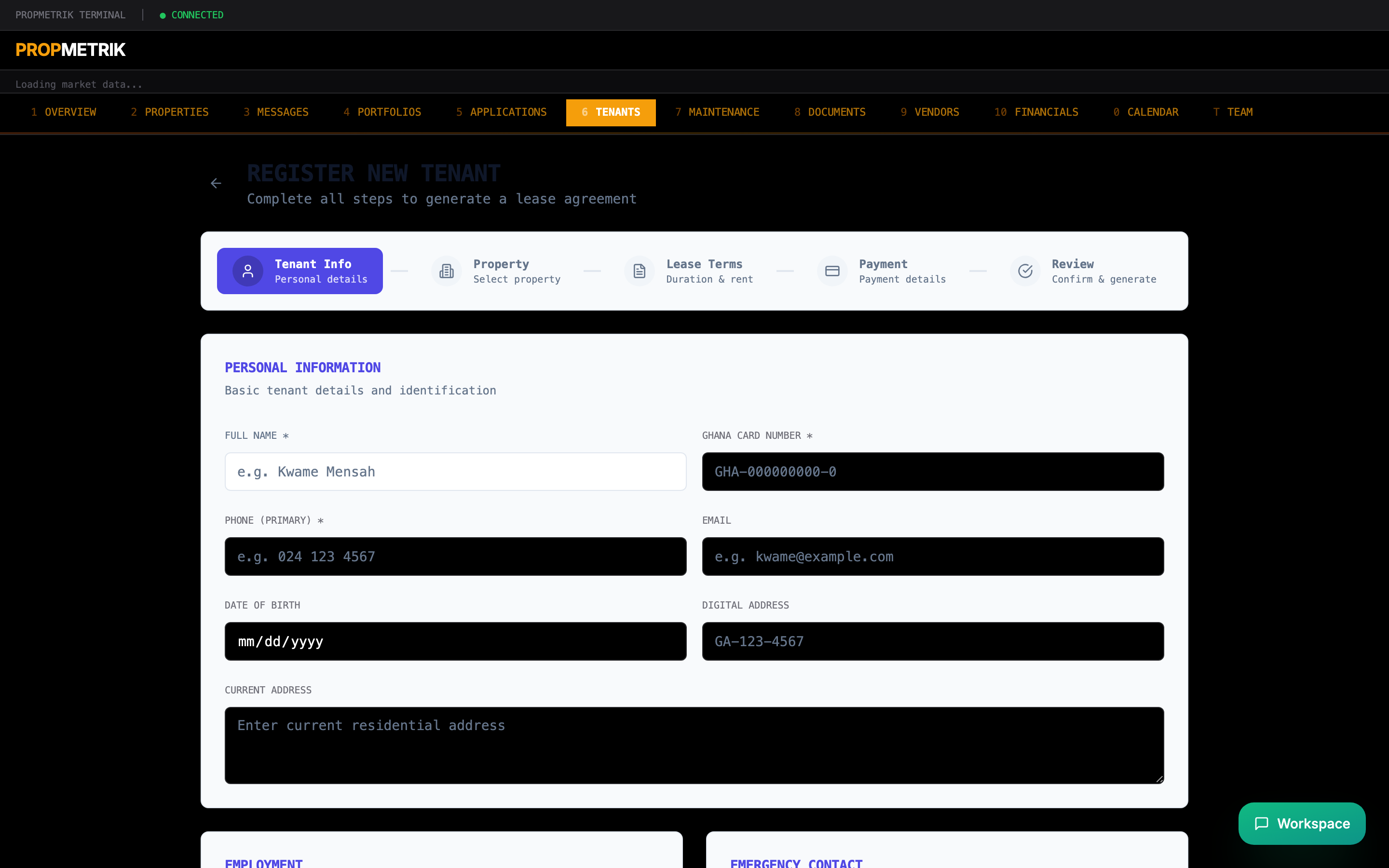 Add tenant form with personal information fields