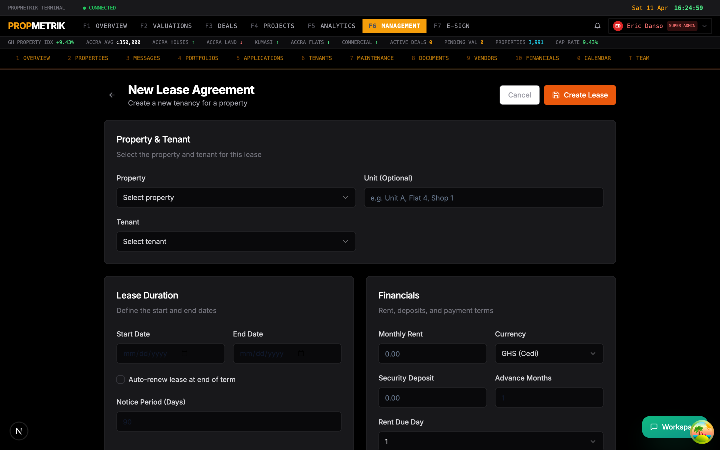 Create lease form with property, tenant, and terms configuration