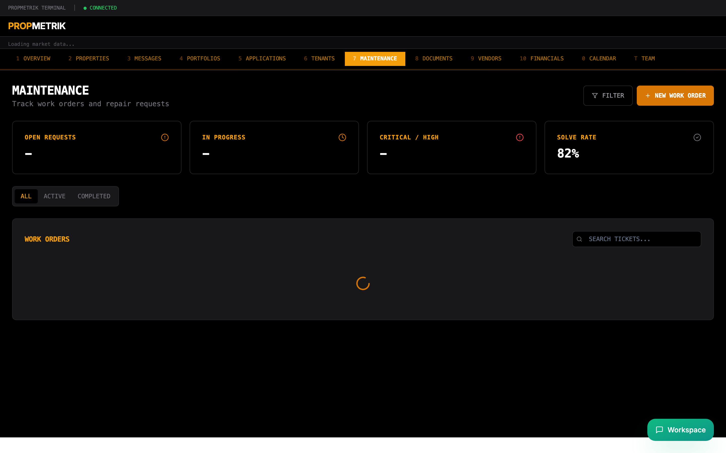 Maintenance work orders list with status filters and priority badges