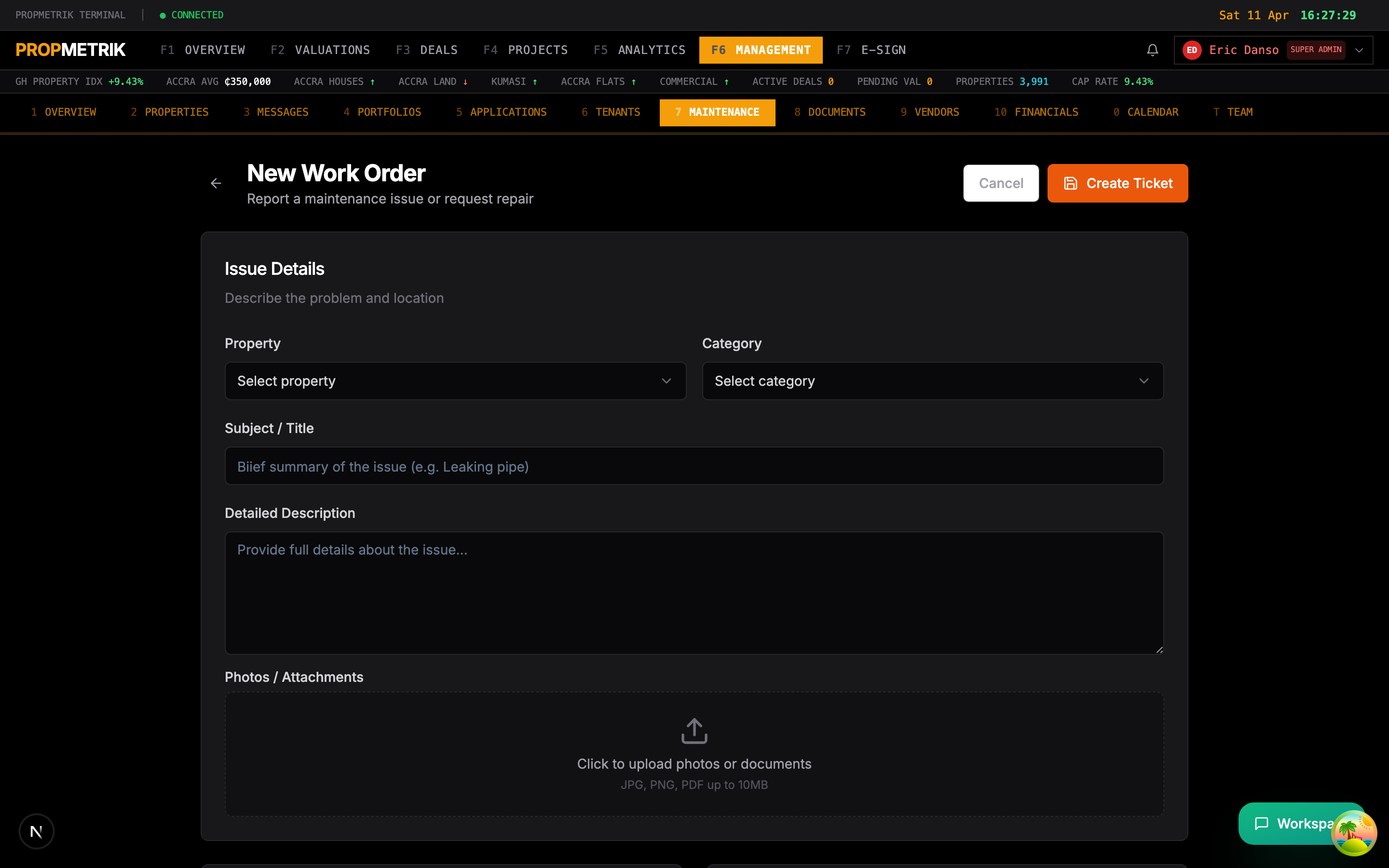 Create work order form with issue details and assignment options