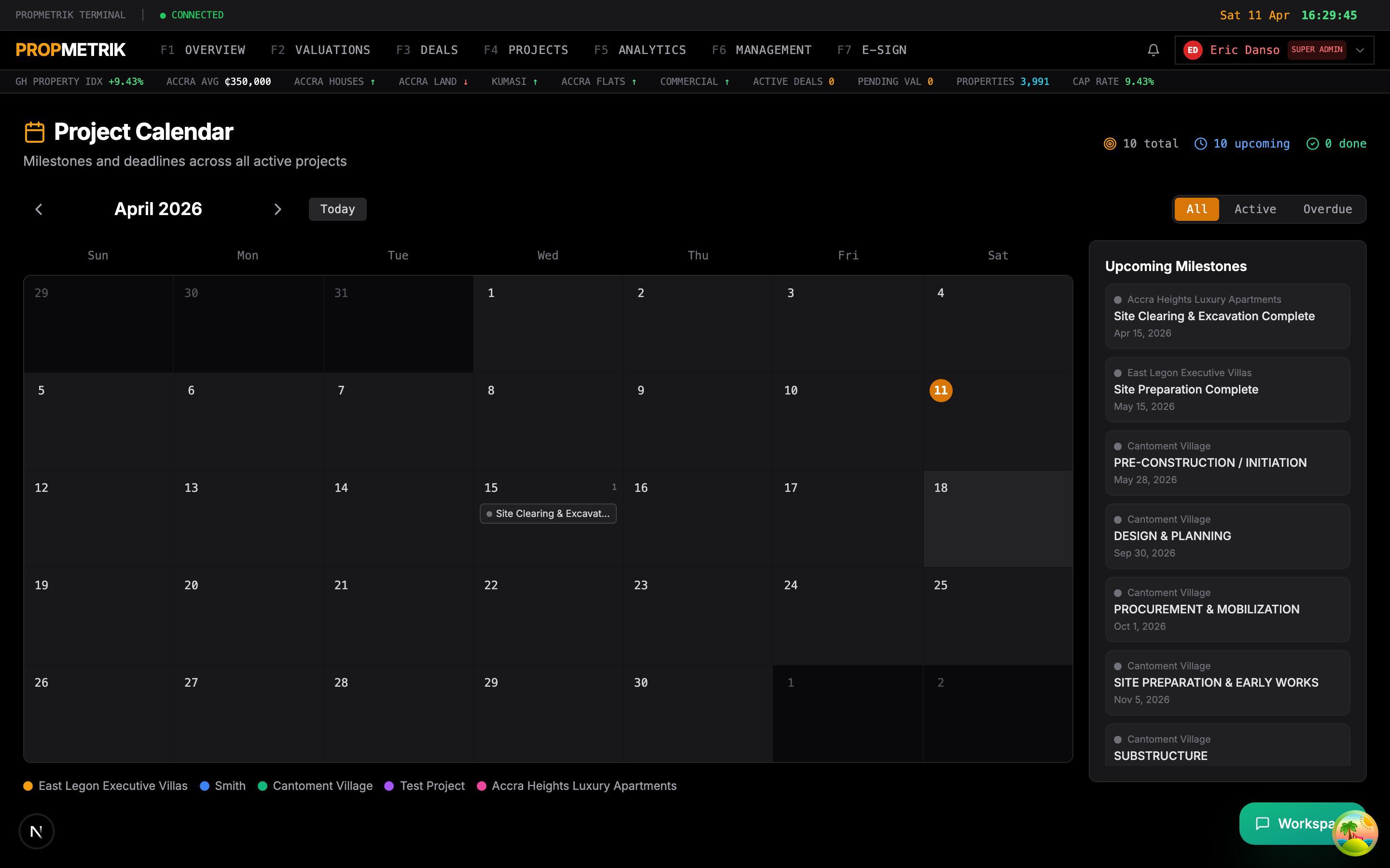 Calendar view showing lease events, payments, and maintenance schedules