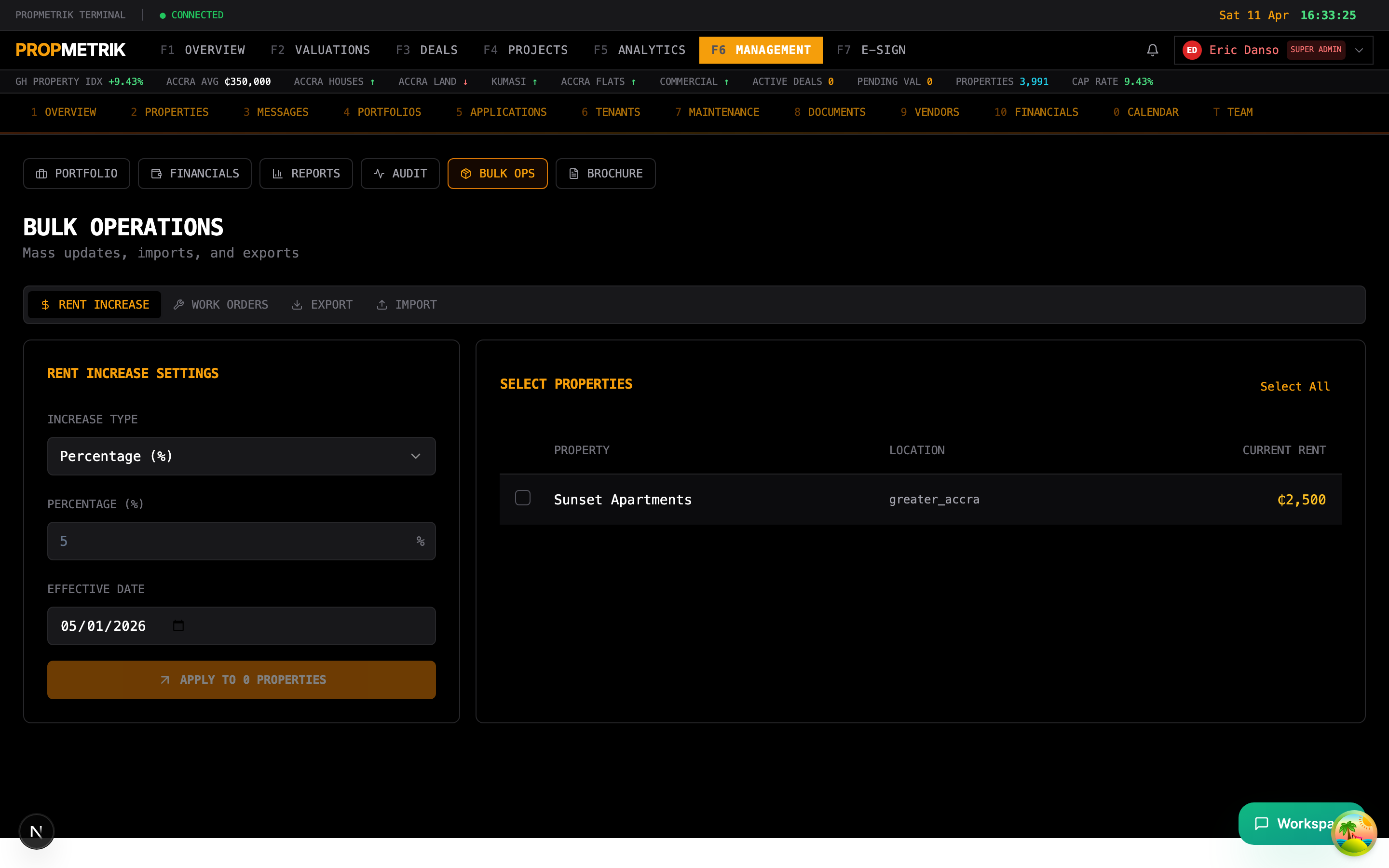 Bulk operations panel for mass updates across properties