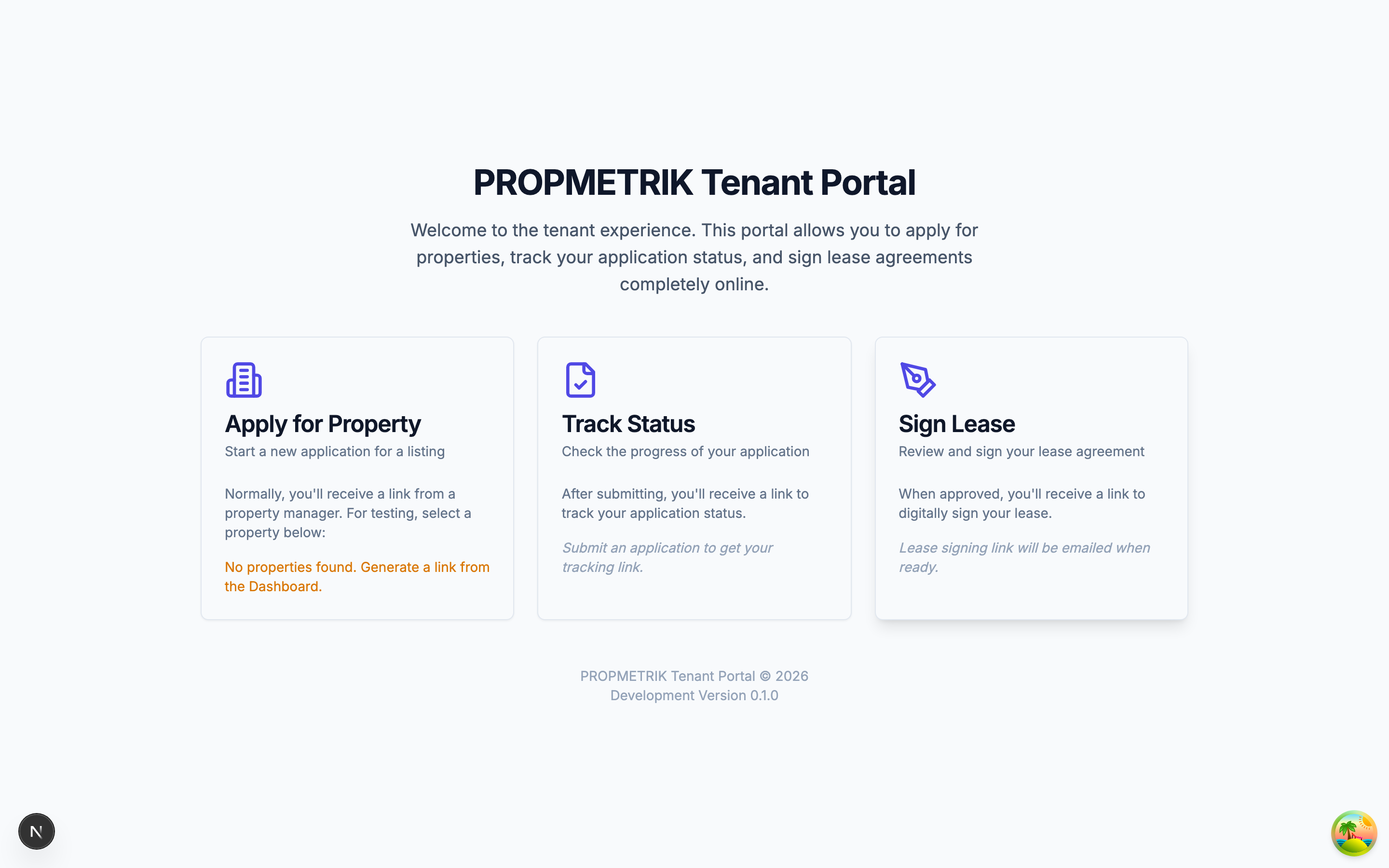 Tenant portal home screen showing lease summary, payments, and quick actions