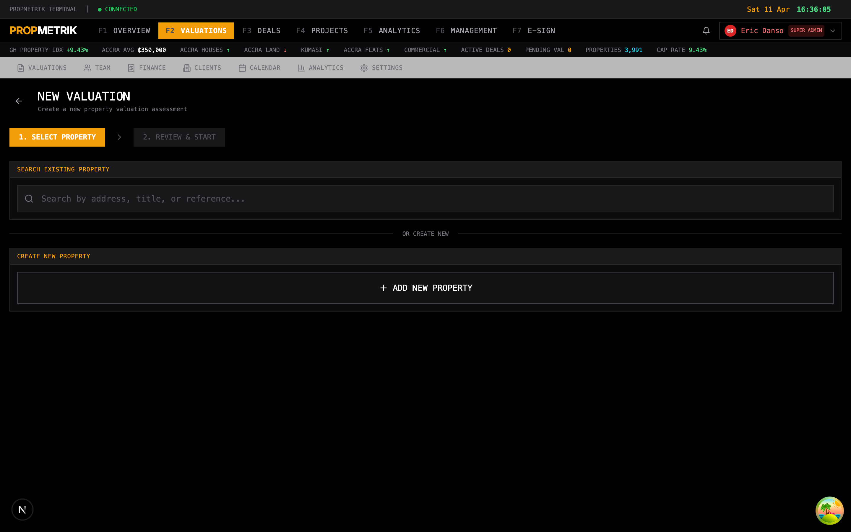 New valuation wizard with property selection and purpose configuration