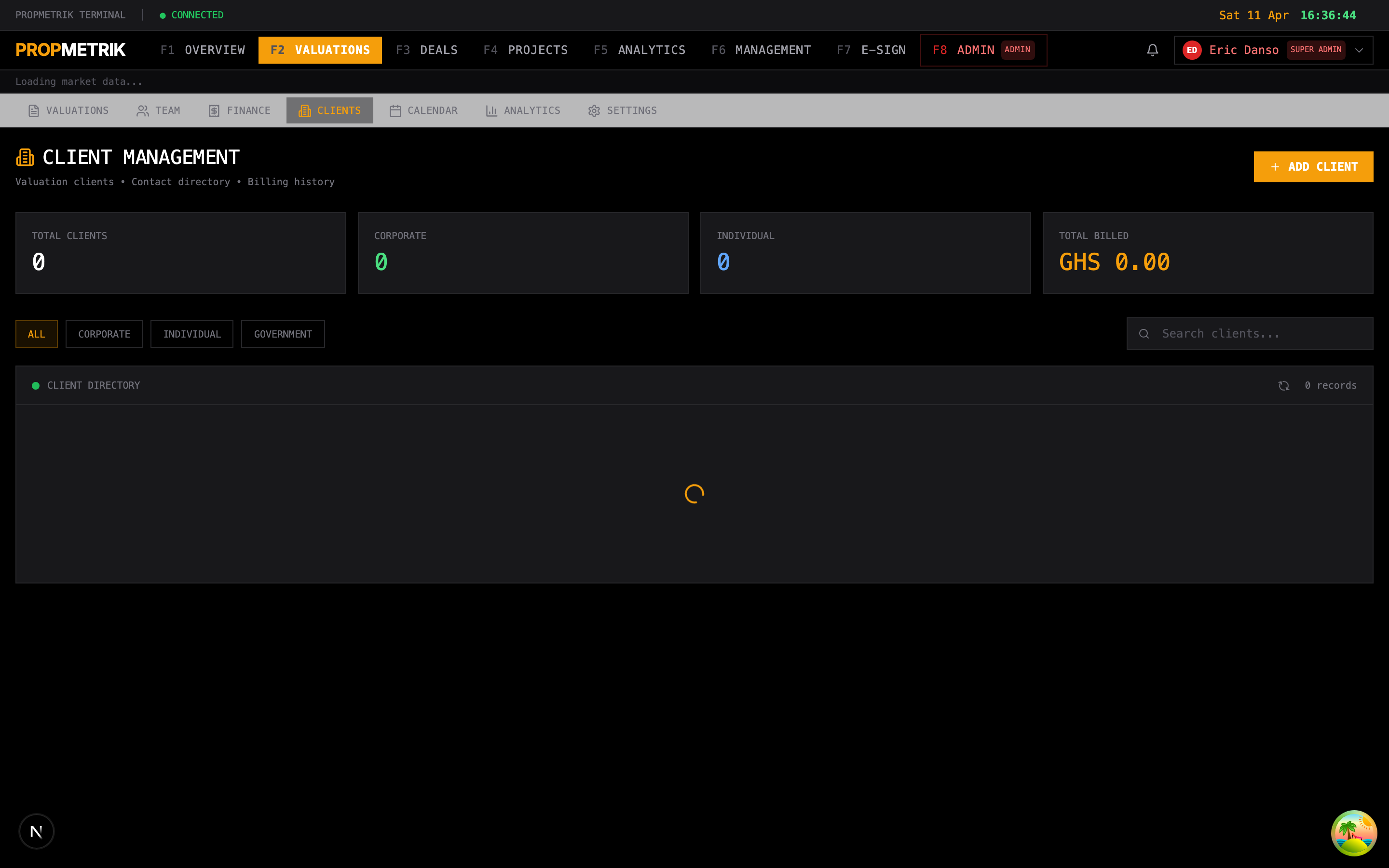 Client management page with client directory and engagement history
