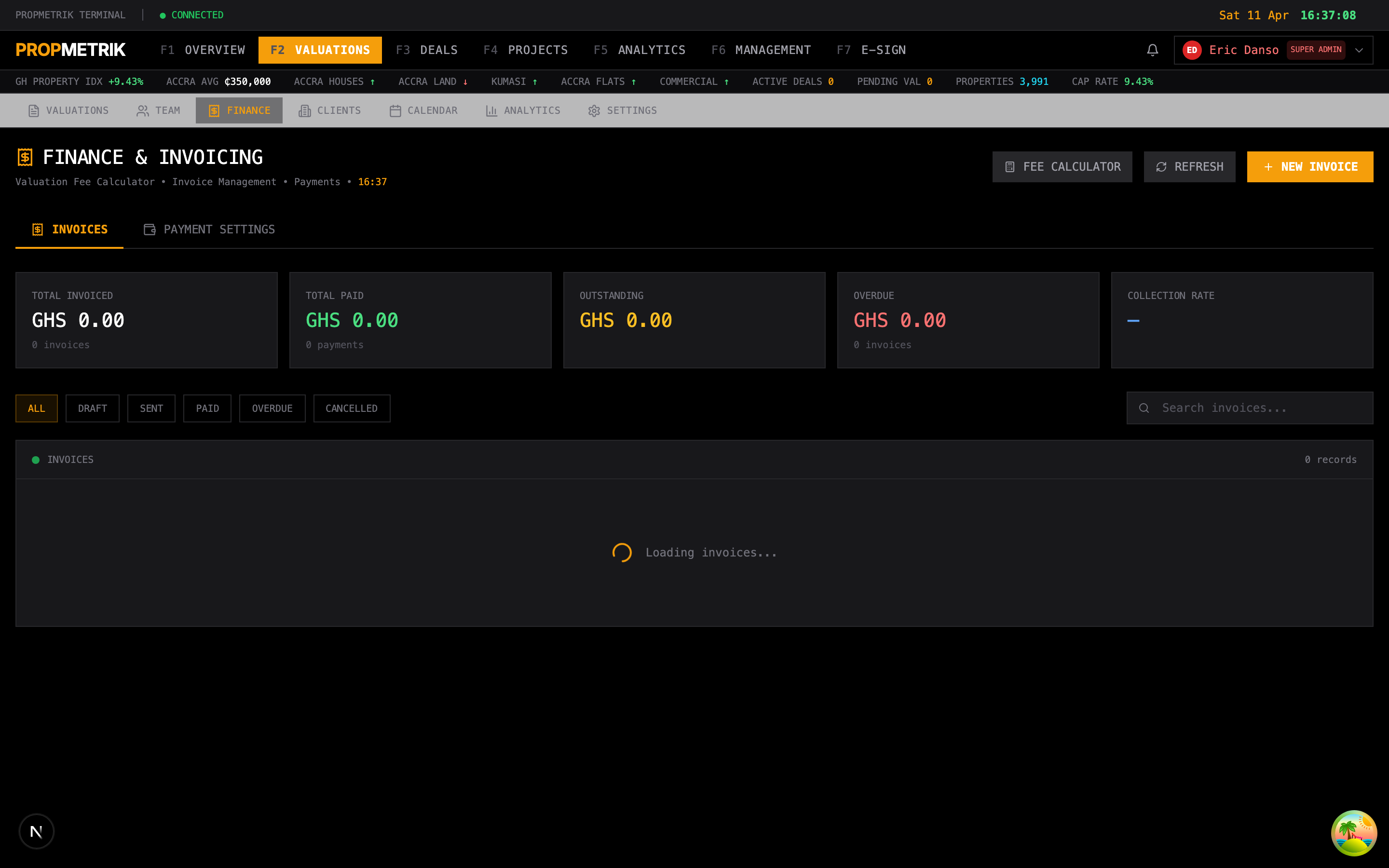 Valuation finance page showing fees, invoices, and revenue tracking