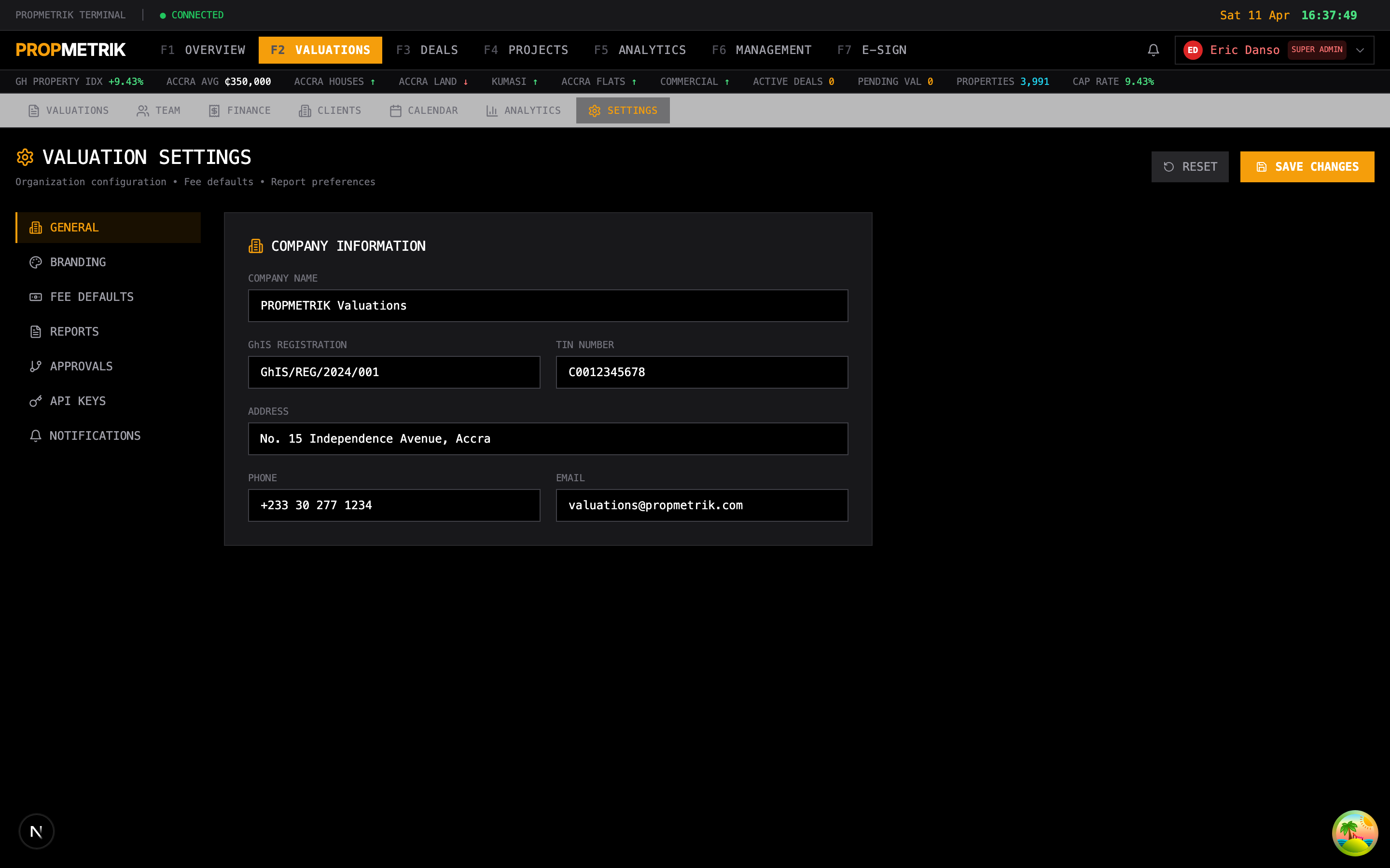 Valuation settings page with configuration options