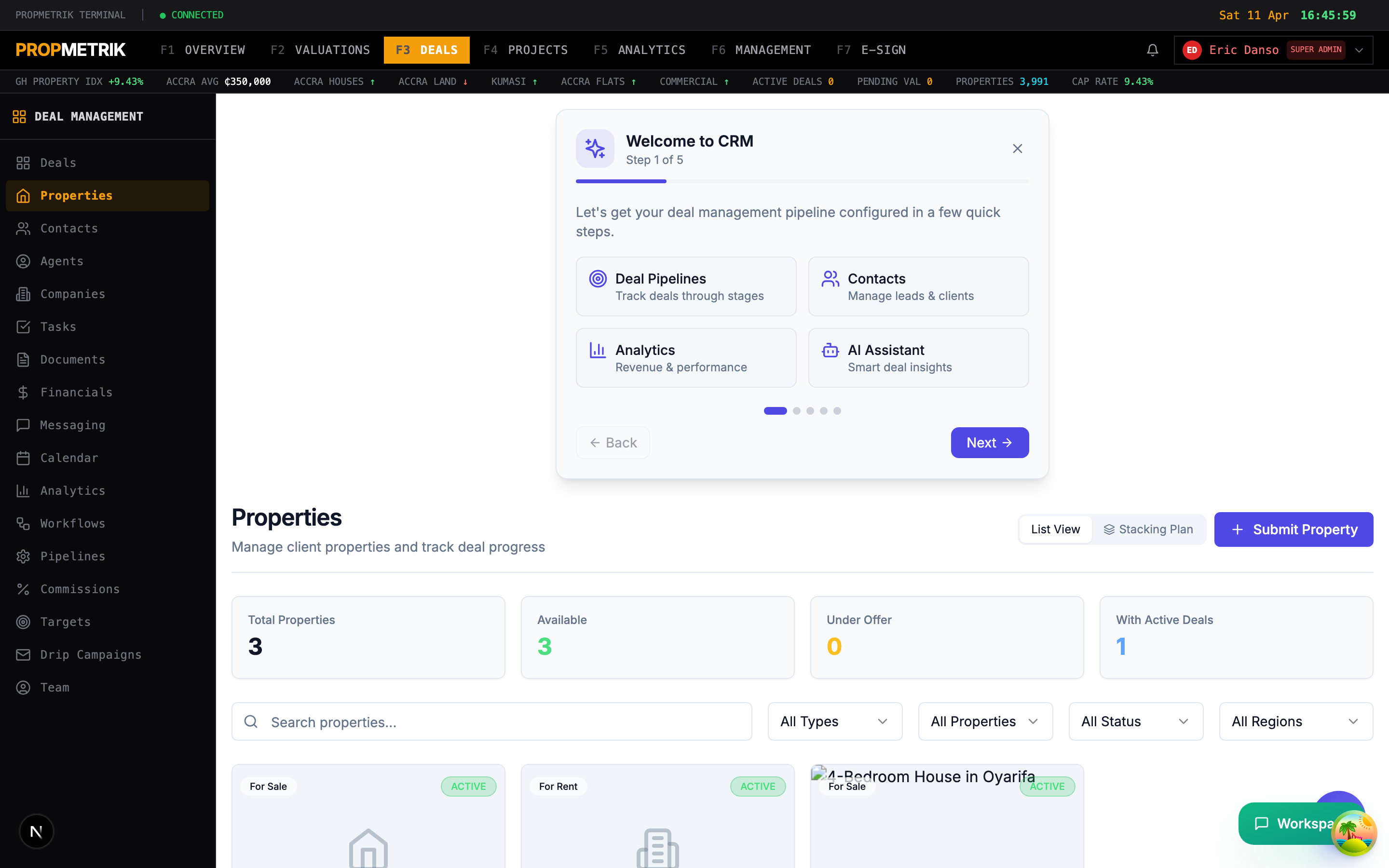 Deal detail page showing deal information, timeline, contacts, and documents