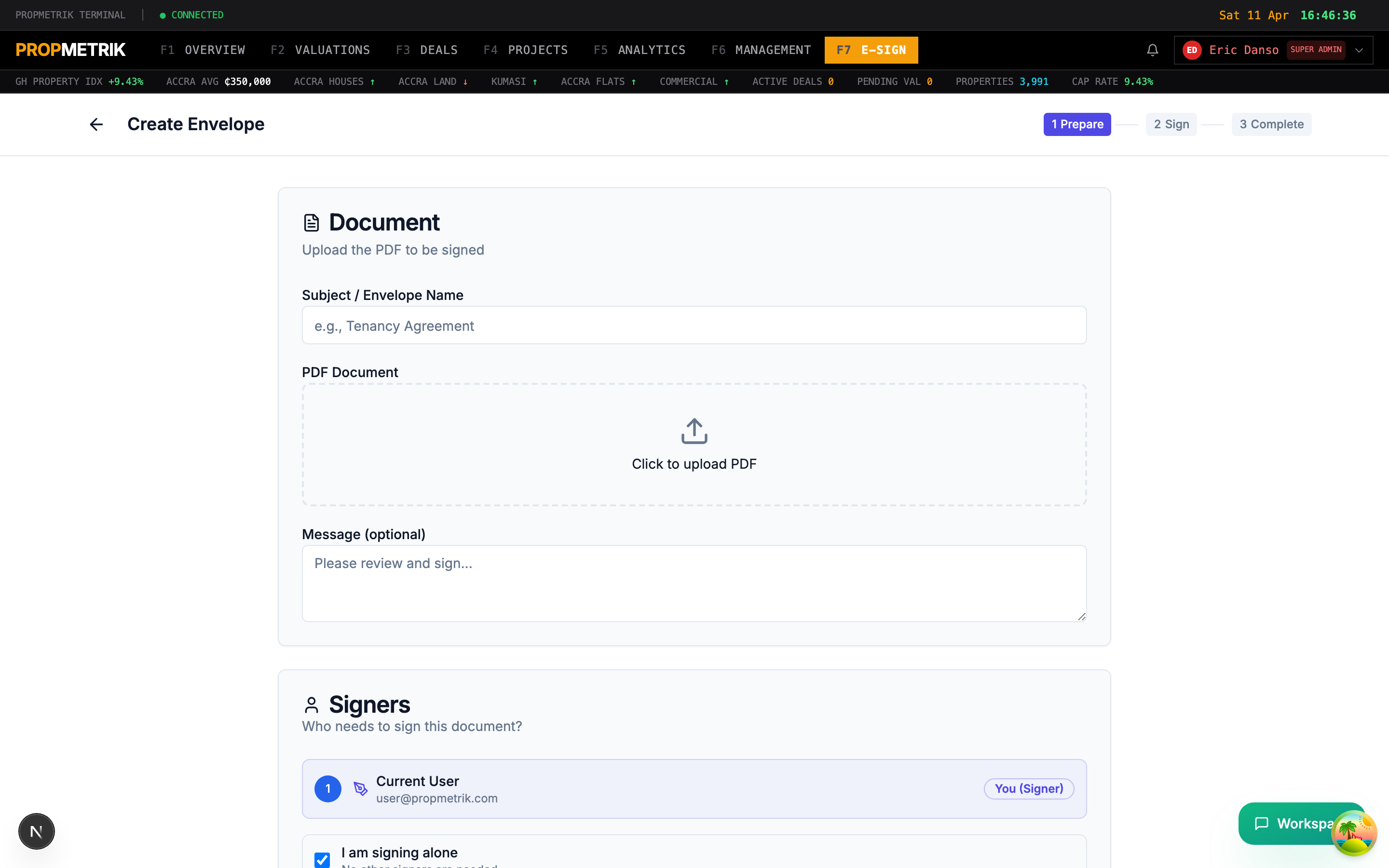New envelope wizard showing document upload, recipient configuration, and field placement