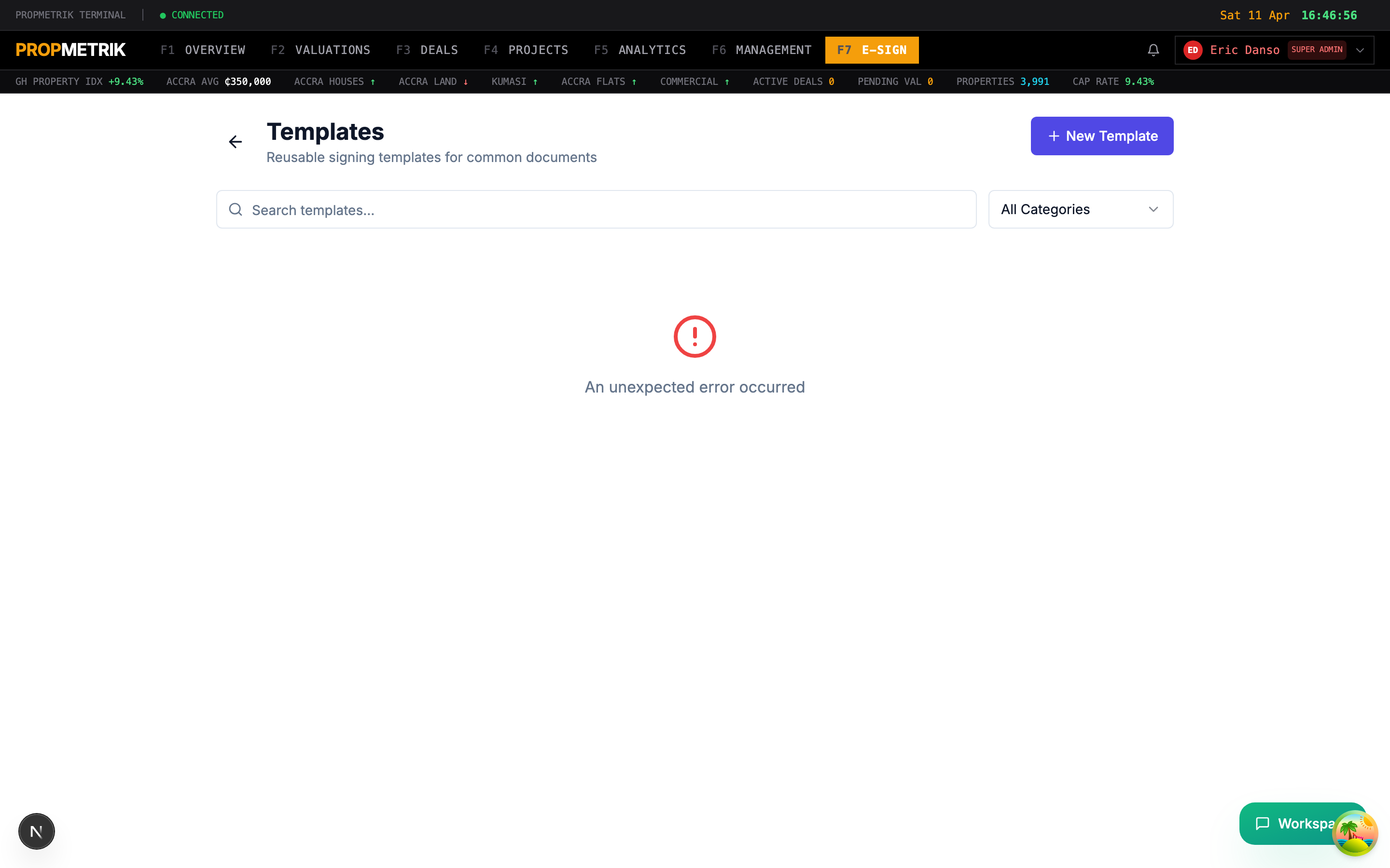 Templates management page showing template cards with categories and usage counts