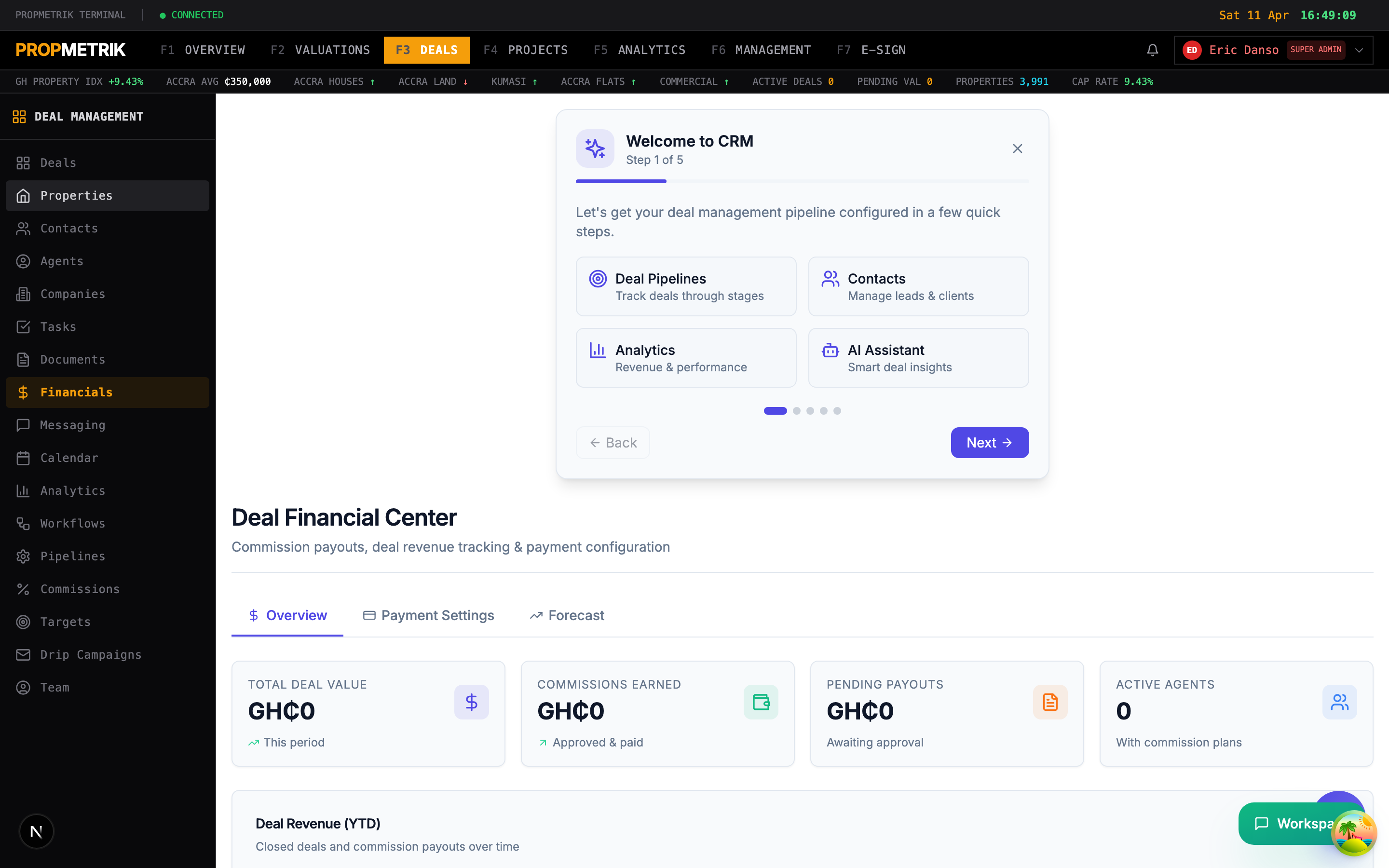 Deal financial center showing commission overview, revenue forecast, and payment settings