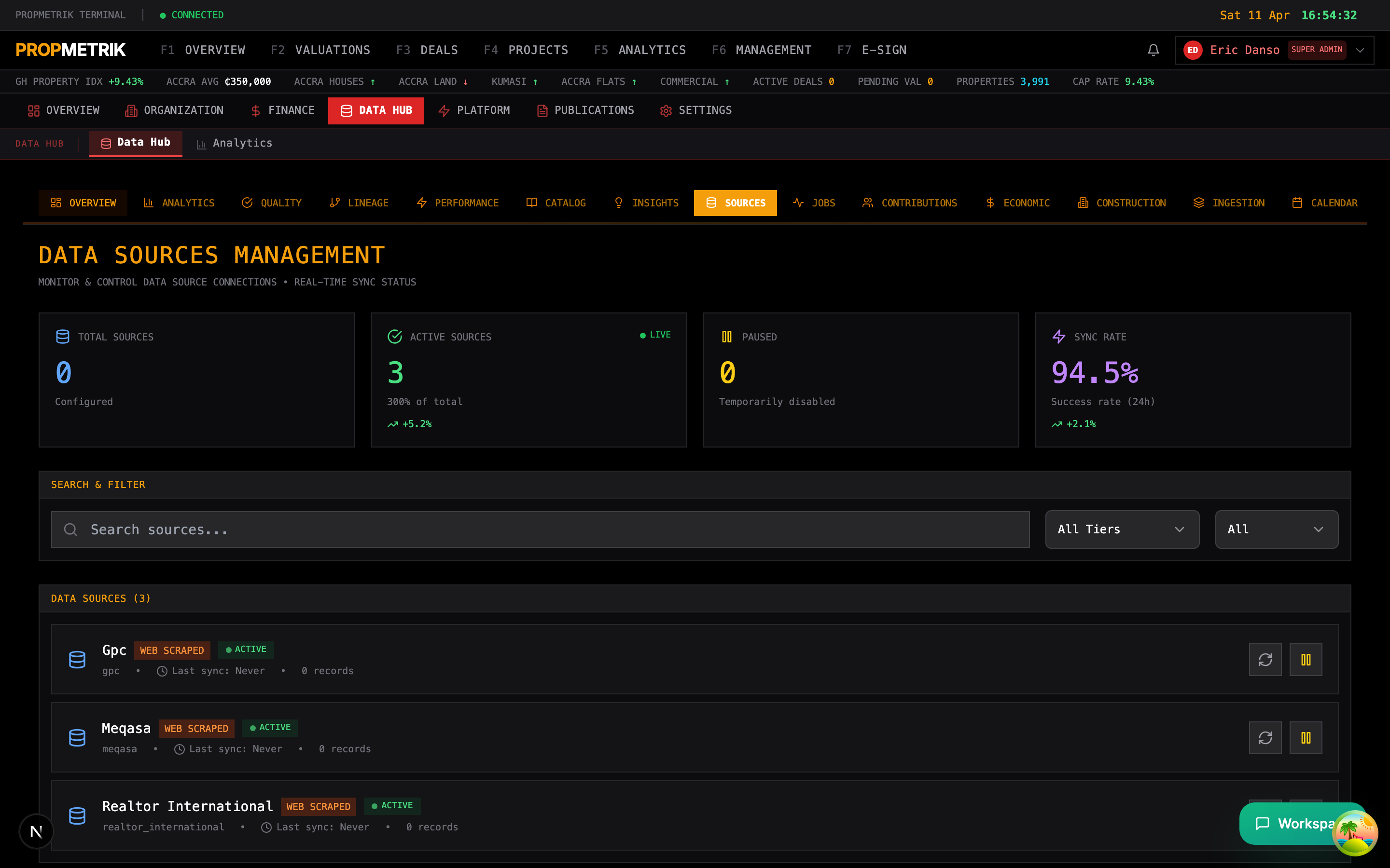 Data sources page showing source list with tier badges, sync status, and health indicators