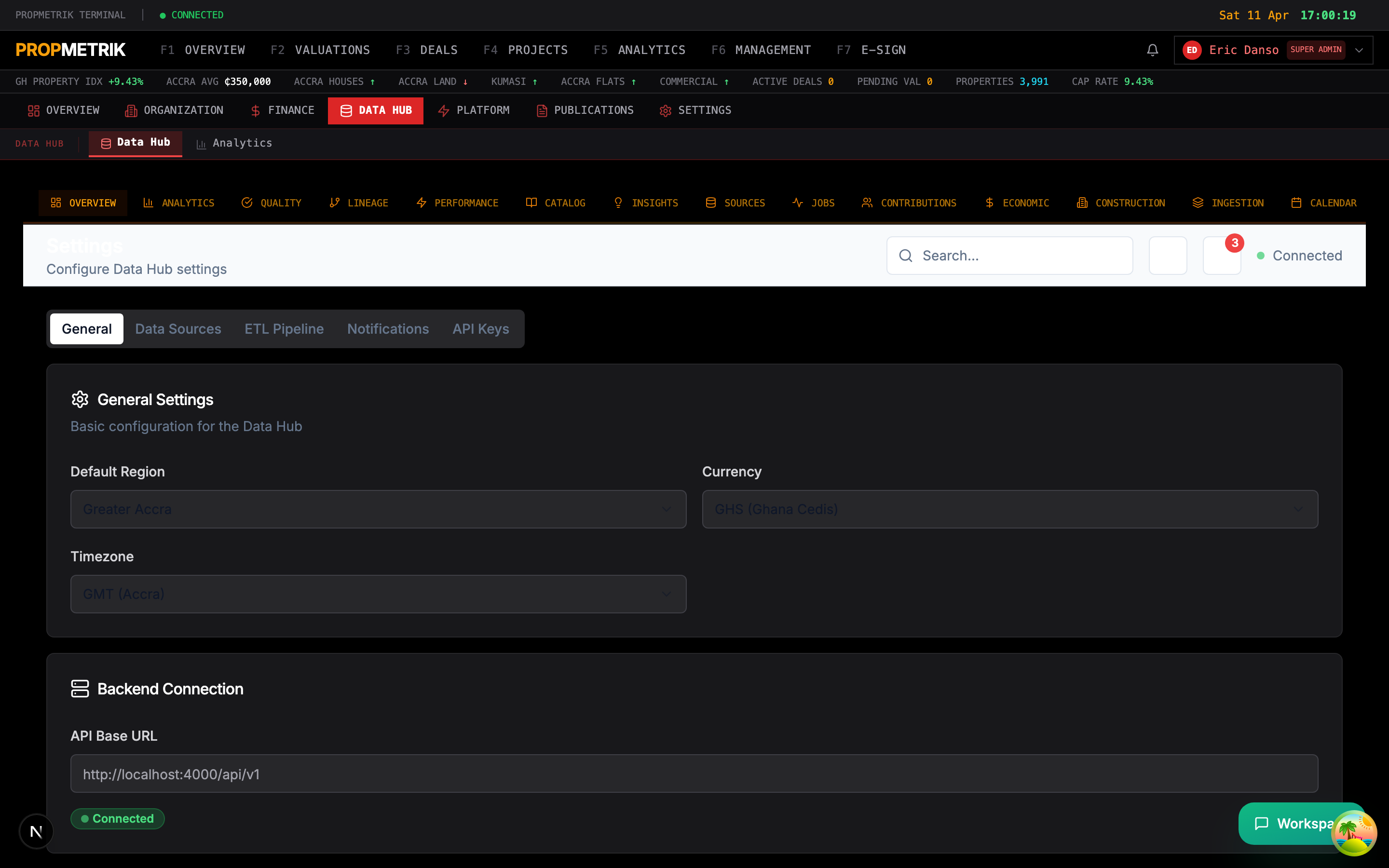 Data Hub settings showing system configuration, API keys, and notification preferences