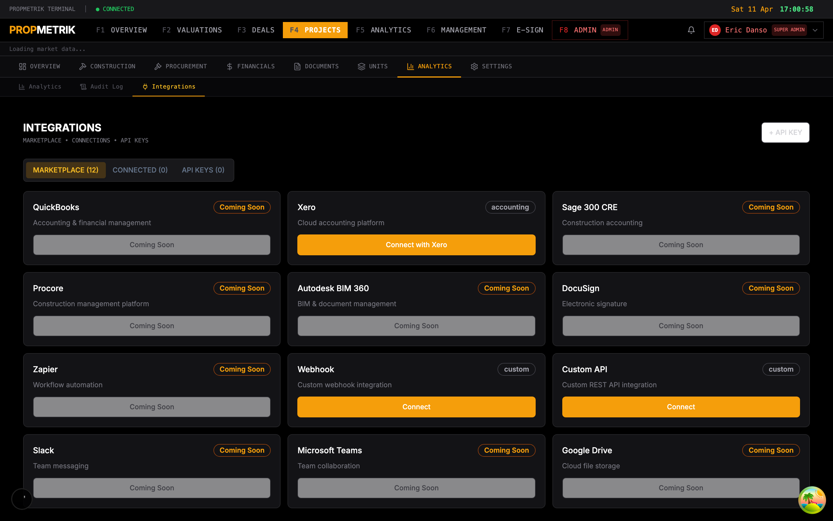 Marketplace showing available connectors with connect buttons