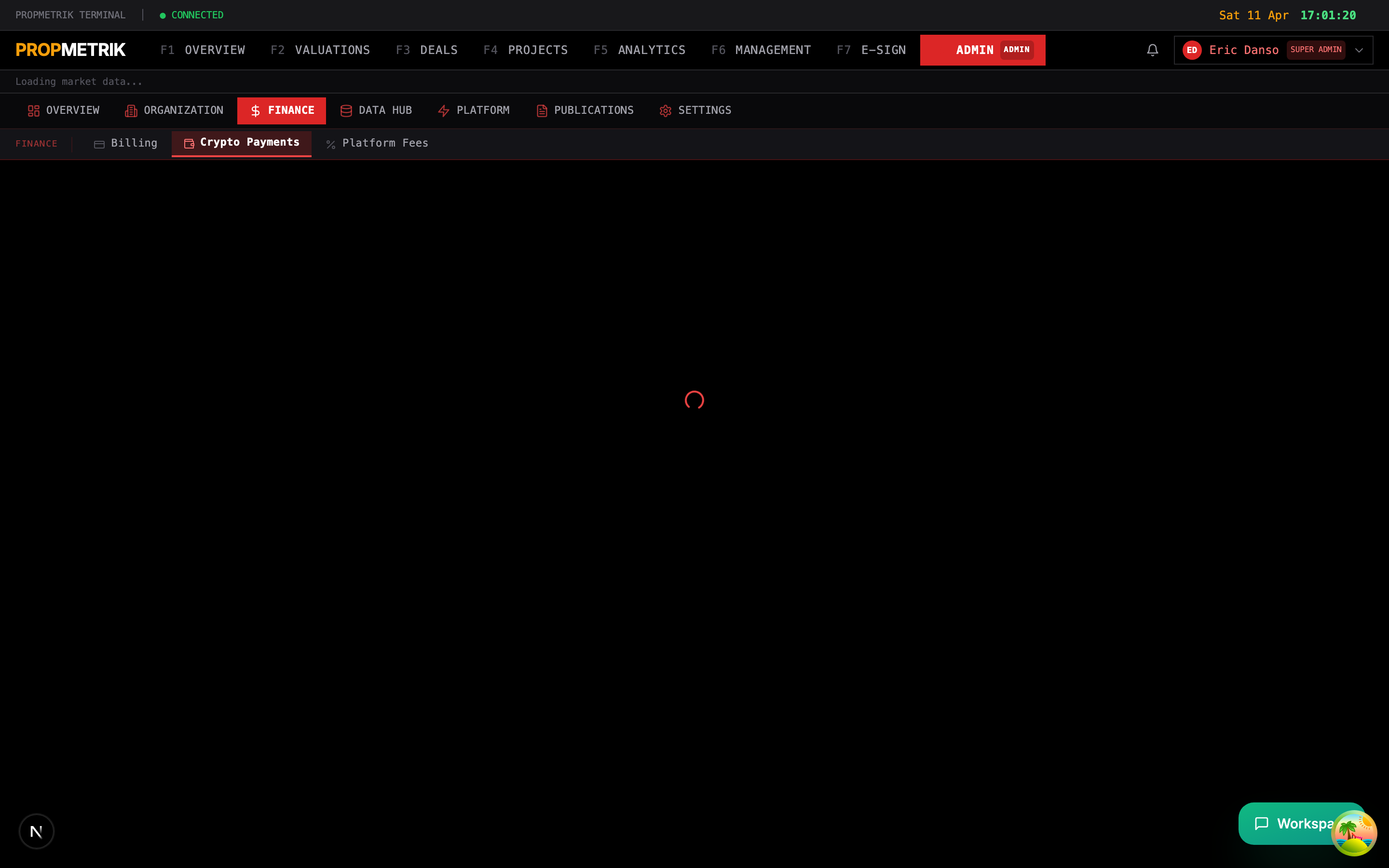 Crypto settings page showing wallet configuration and transaction history
