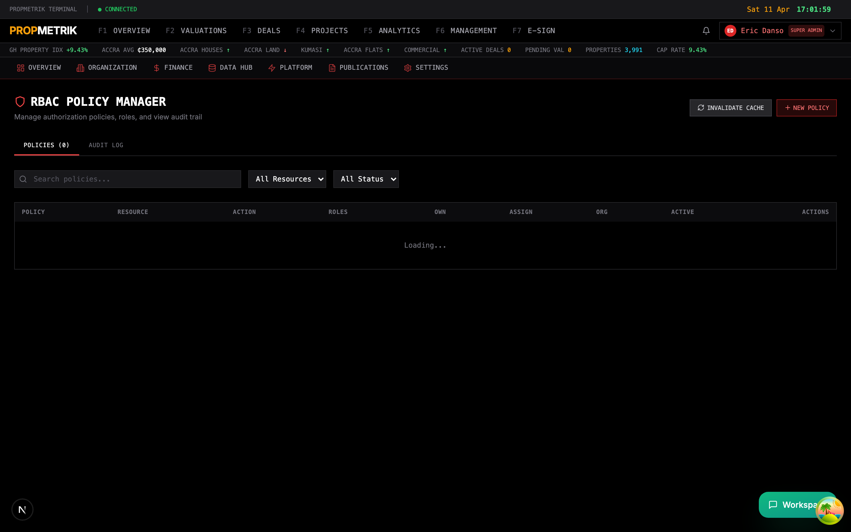 RBAC management page with policies table and audit log tabs