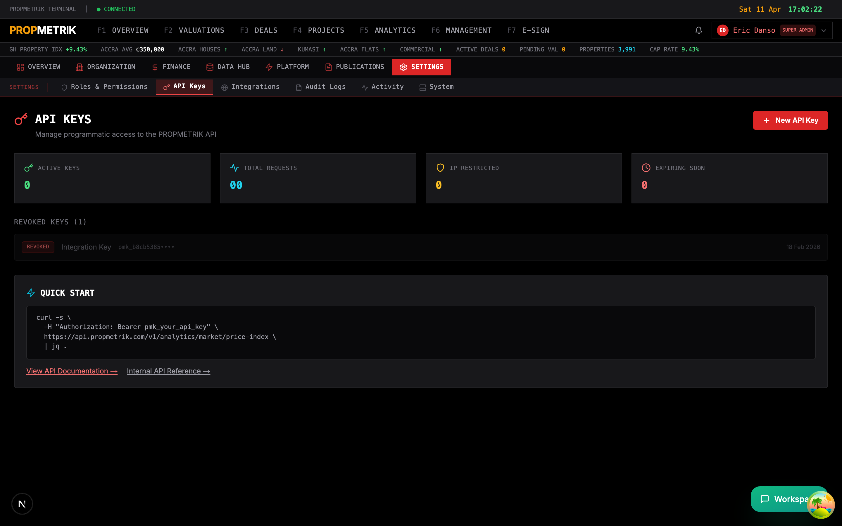 API keys management page with key list and generation controls