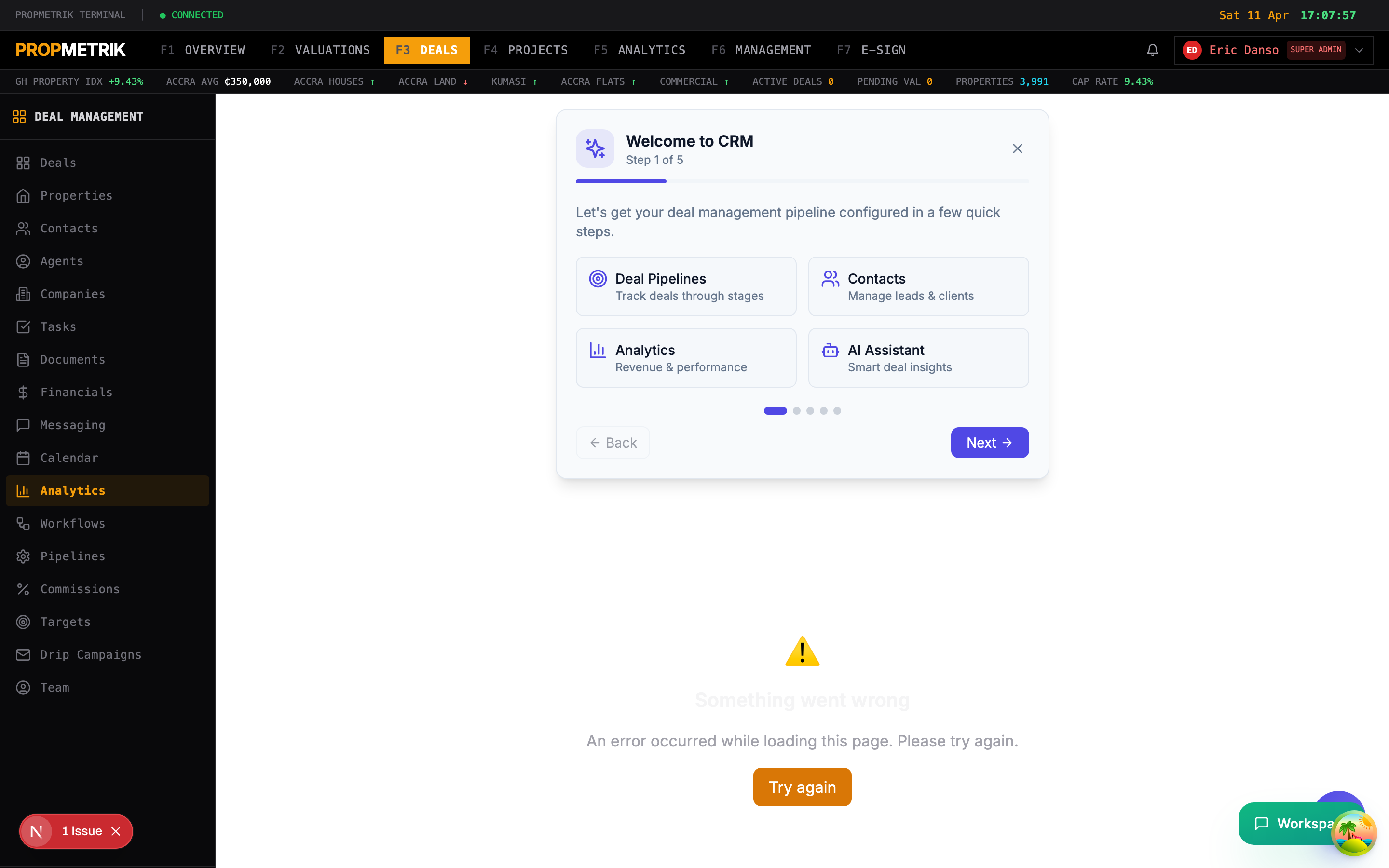 Deal analytics showing pipeline value, conversion rates, and revenue